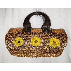 Vintage Brown Wicker Handbag w Yellow Floral Accents & Wooden Handles